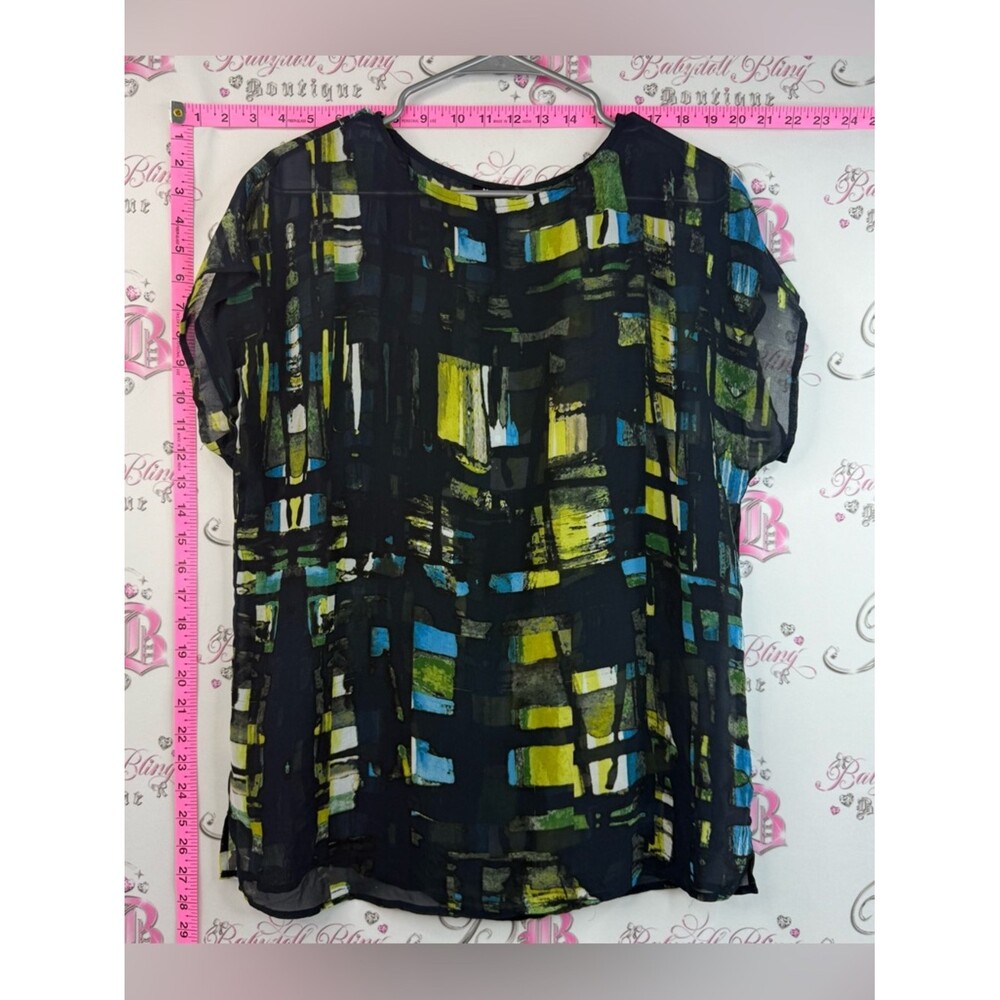 Mexx T-shirt Sheer Abstract Short Sleeve Top with Green & Blue Blocks